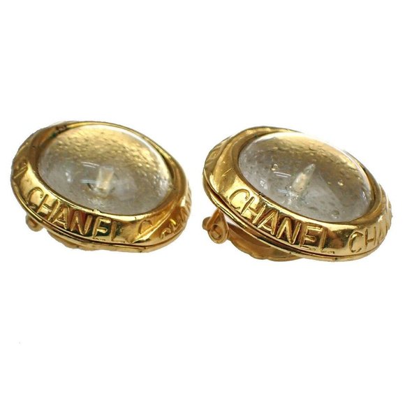 CHANEL CC Round Button Earrings Clip-On 96P Gripoix Clear GHW France - Picture 4 of 8